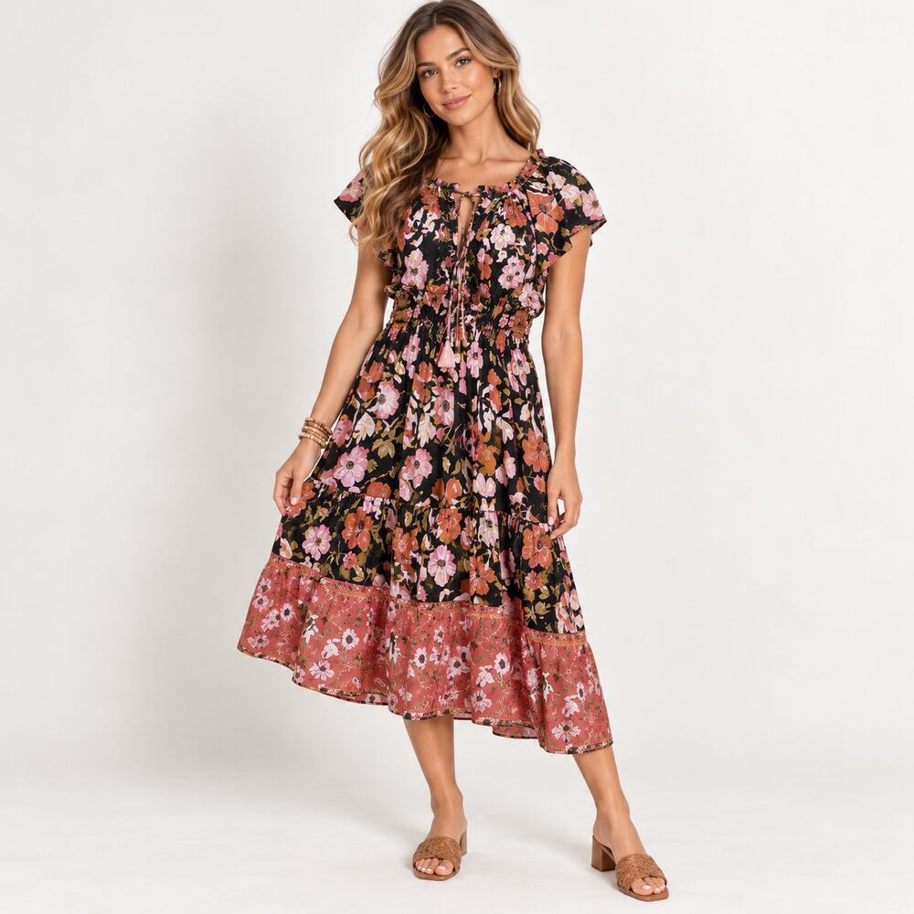 Raga Knee-length Dress Womens Size L Black Floral Lightweight Boho Wedding Guest